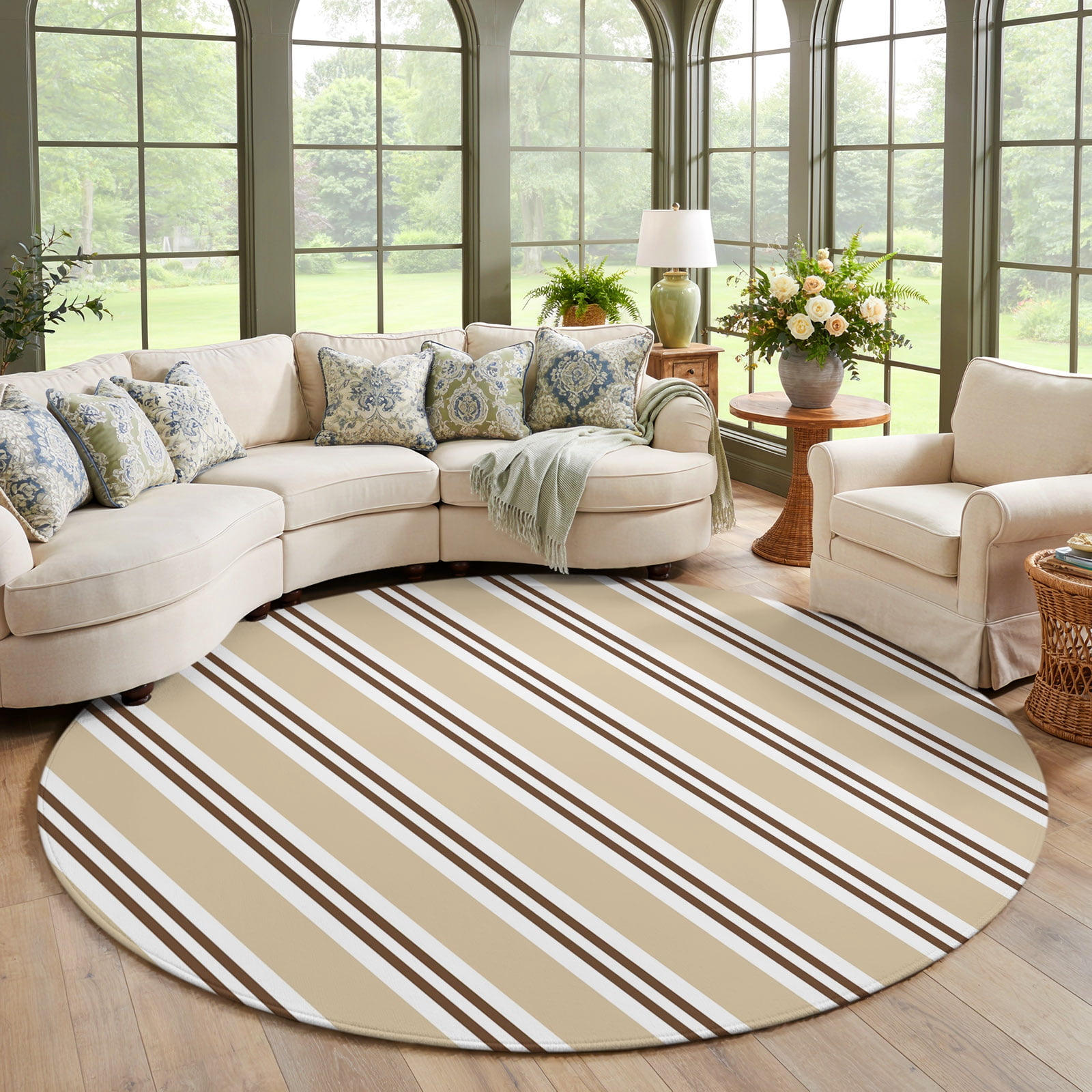 Sand Soft Fall Sand Beige Stripes Round Area Rug Living Room 8ft, Brown White Khaki ...