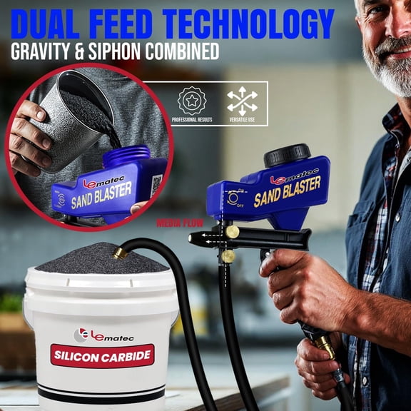 Sand Blaster Gun Kit – Portable Sandblaster for Air Compressor – Rust Removal & Glass Etching – Gravity Feed & Siphon Modes – AS118-2C