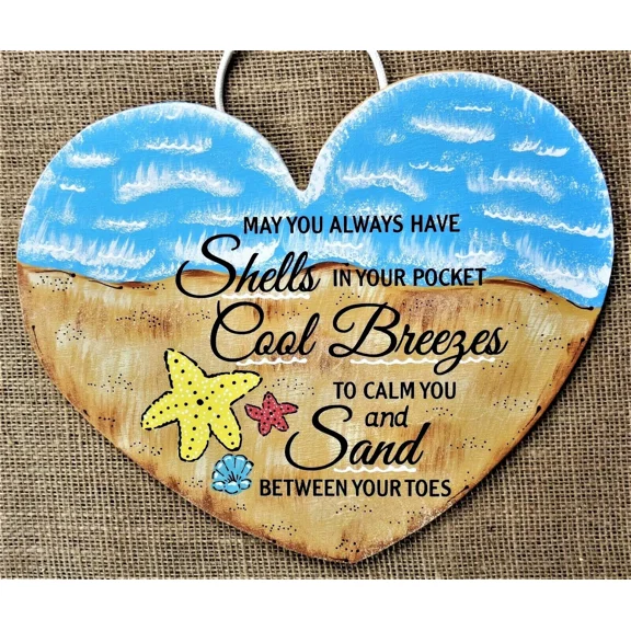 Sand Breeze Shells Beach Sign Wall Art Heart Door Plaque Summer Seashore Decor