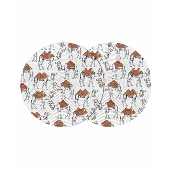 Sand Camel Round 13 Inch Placemats Set of 2, Vintage Farmhouse Desert Animals Camel HeatResistant Non Slip Place Mats for Dining Table, Wipeable Braided Kitchen Table Mats for Housewarming