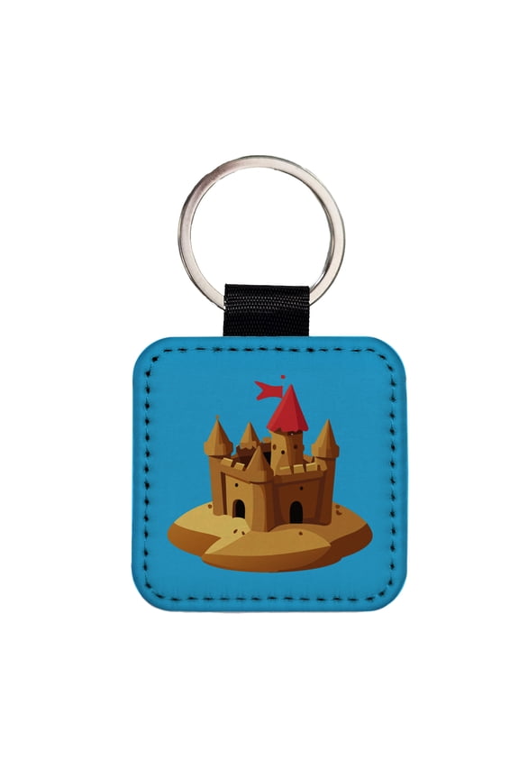 Sand Castle Beach Faux Leather Square Keychain