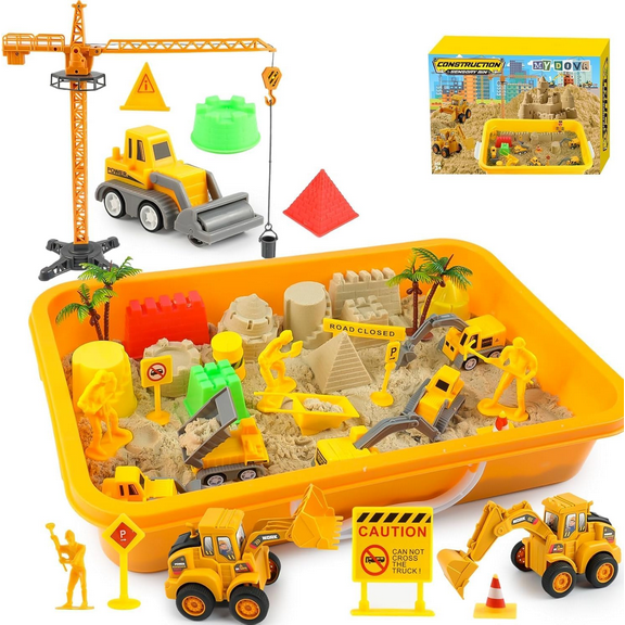 Sand Construction Kit with 2.2lbs Play Sand, Large Foldable Sandbox, Construction Trucks, Castle Molds, and 34PCS Total Accessories, Creative Sand Play Set for Kids Ages 3+