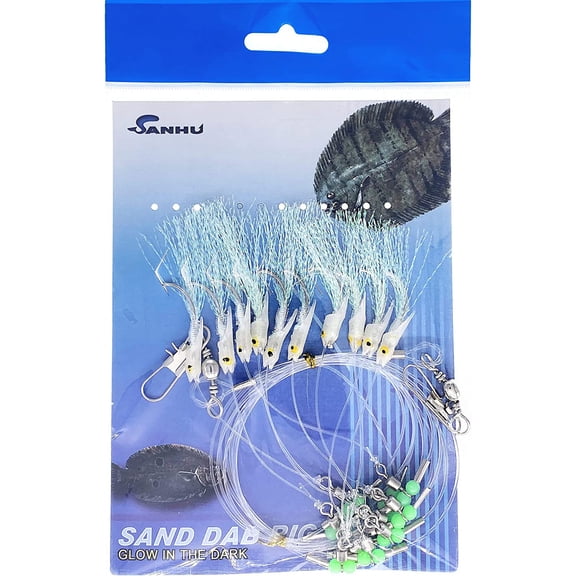 Sand Dab Rigs #E, 10 Pcs Glow-in-the-Dark with 10 Hooks, for Deep Sea Saltwater Bottom Fishing, Ideal for Sand Dabs, Rockfish & Offshore Species