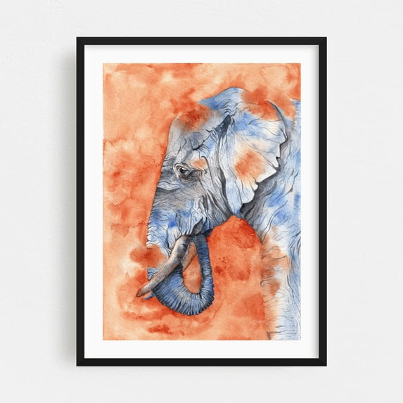 Sand Dance by Elephant | Watercolor Art Painting - Painting Watercolor Wildlife Animal Nature Portrait Black Framed Wall Art Print 9 x 12 inches