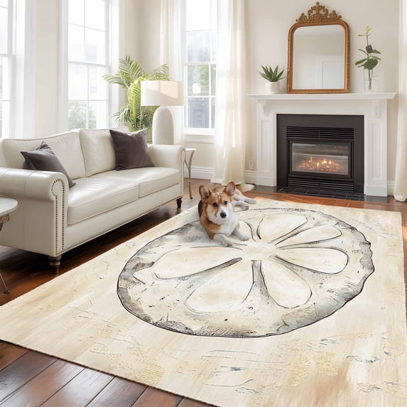 Sand Dollar Coastal Area Rug 5x8 FT, Non Slip Bedroom Throw Carpet, Summer Beach Beige Sea Washable Soft Floor Carpet Non-Shedding Rug for Living Room Nursery Dorm Office