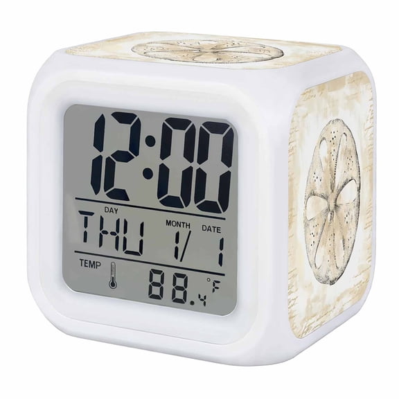 Sand Dollar Coastal Digital Alarm Clock for Bedrooms, Smart LED Alarm Clock with 7 Color Changing Night Light, Summer Beach Beige Ocean Silent Wake Up Clocks for Sleep Study Cooking 3.2"x3.2"