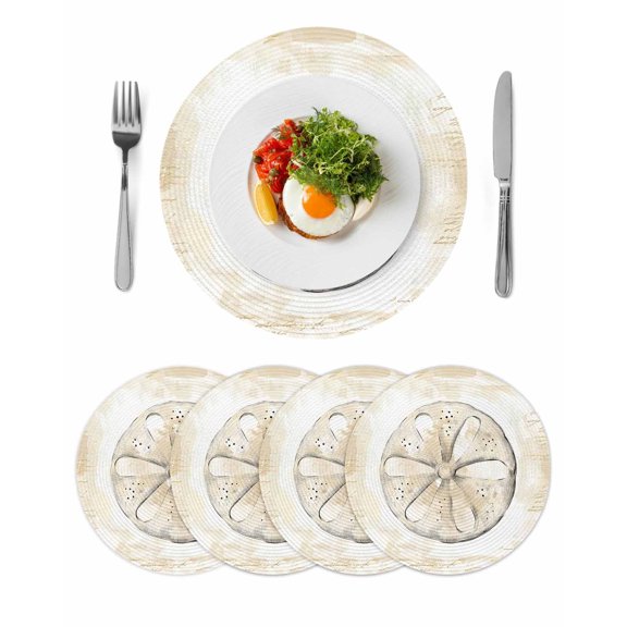 Sand Dollar Coastal Round 15 Inch Placemats Set of 4, Summer Beach Beige Ocean HeatResistant Non Slip Place Mats for Dining Table, Wipeable Braided Kitchen Table Mats for Housewarming