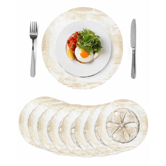 Sand Dollar Coastal Round 15 Inch Placemats Set of 8, Summer Beach Beige Ocean HeatResistant Non Slip Place Mats for Dining Table, Wipeable Braided Kitchen Table Mats for Housewarming