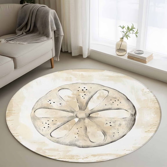 Sand Dollar Coastal Round Area Rug 4ft, Summer Beach Beige Ocean Washable Non-Slip Circle Rugs for Bedroom Living Room Kitchen, Soft Non Shedding Circle Carpet for Dining Room Dorm
