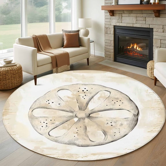 Sand Dollar Coastal Round Area Rug 6 FT, Non Slip Bedroom Rugs, Summer Beach Beige Ocean Washable Soft Circular Carpet Non-Shedding Floor Mat for Kitchen Dining Room Home Office Kids Room