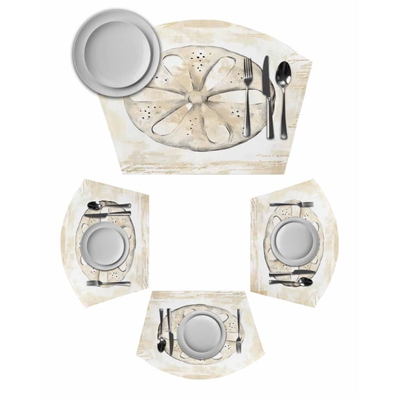 Sand Dollar Coastal Wedge Shaped Placemats Set of 6, Cotton Linen Fan Place Mats, Summer Beach Beige Ocean Washable Table Mats for Holiday Wedding Party Dinning Coffee Tables 11.8"x17.5"