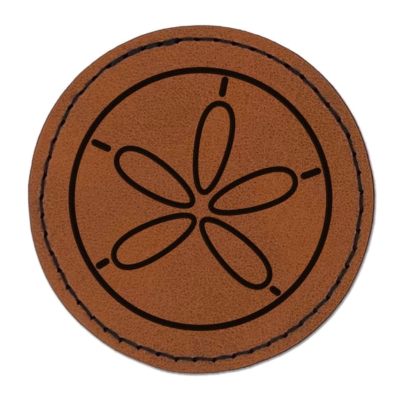 Sand Dollar Sea Urchin Ocean Beach Outline 2.5" Faux Leather Round Engraved Iron-On Patch - Brown