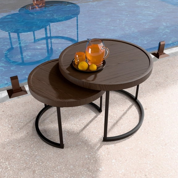 Modern Nesting Coffee Table Set of 2, Round Patio Wood Grain Side Tables, Outdoor Small End Tables, Brown