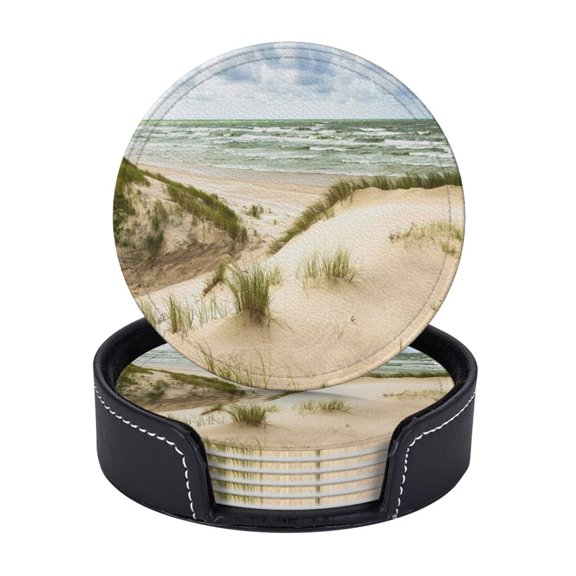Sand Dunes On Baltic Sea Coastline Leather Coasters With Leather Holder Set Of 6 Round Coasters for Home and Kitchen Decor