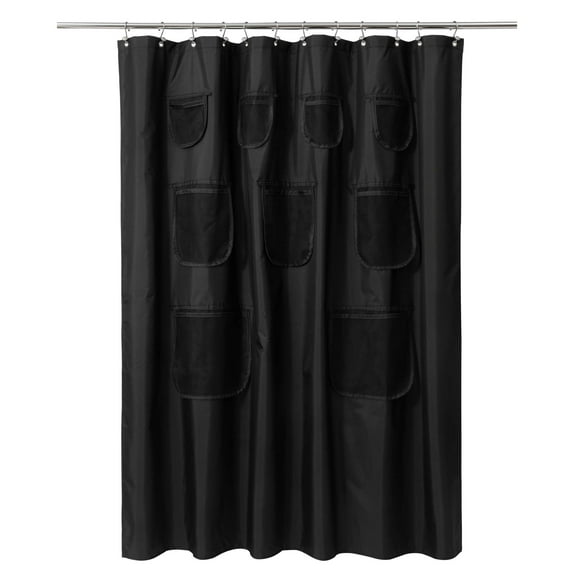 Sand Fabric Shower Curtain with 9 Mesh Pockets 72x72 Inch, Waterproof Bathroom Organizer for Toiletries Storage, Washable Rustproof Grommets, Beige