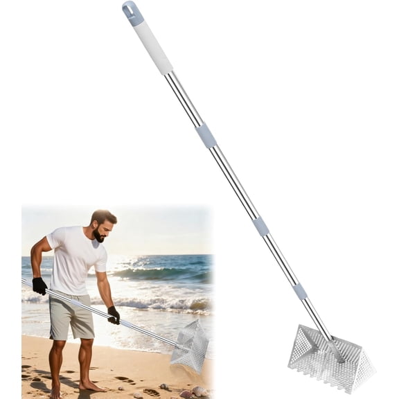 Sand Flea Rake, 65-Inch Long Handle Stainless Steel Sand Sifter - 13-Inch Wide Mesh Screen Shark Tooth Sifter for Beach/Seaside Collecting: Sand Fleas, Shark Teeth, Seashells & Marine Treasures