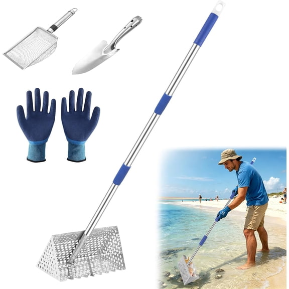 Sand Flea Rake, 65 Inches Long Handle, Stainless Steel Shark Tooth Sifter, Detachable 11-Inch-Wide Drainage Mesh Beach Sand Sifter for Collecting Sand Fleas, Shells and Shark's Teeth
