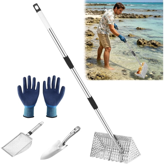 Sand Flea Rake, 65" Long Handle Stainless Steel Sand Sifter, 12" Wide Mesh Screen Beach Rake, Heavy Duty Shark Tooth Sifter for Seaside Collecting Sand Fleas, Shark Teeth, Seashells & MarineTreasures