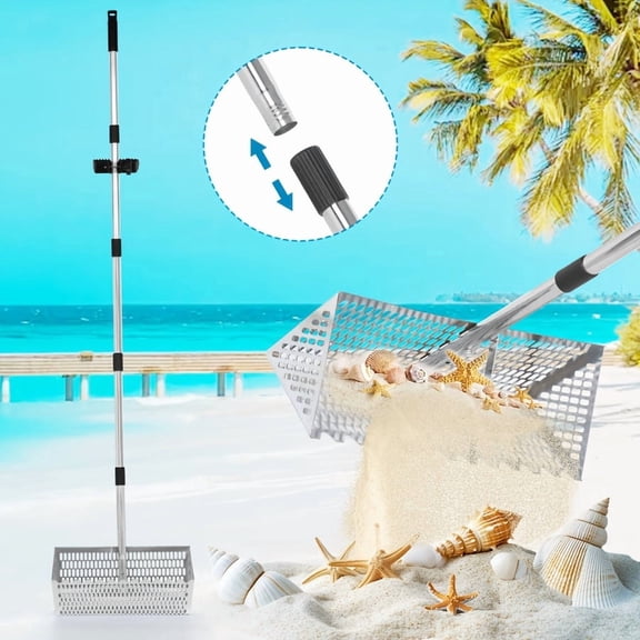 Sand Flea Rake - Adjustable Length Shark Tooth Sifters with 16-Inches Wide Basket, Handle. Clam Rake, Beach Rakes, Clean Up Tools, Beach Accessories