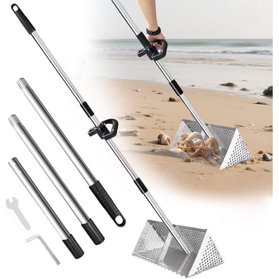 Sand Flea Rake - Heavy Duty Stainless Steel Sand Scoop Detachable 47" Long Handle Sand Sifter for The Beach with 16" Width Basket Metal Detecting Tool for Collecting Shark Teeth