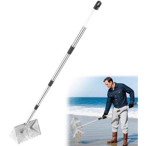 Sand Flea Rake, Long Handle Sand Sifter with 65-Inch Pole - Stainless Steel Shark Tooth Sifter, 13-Inch Wide Mesh Screen for Beach, Seaside Collecting of Fleas, Shark Teeth & Seashells