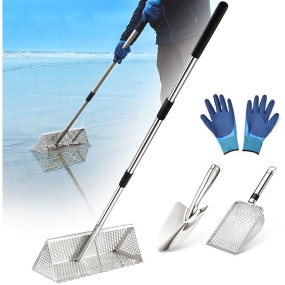 Sand Flea Rake, Long Handle Sand Sifter for The Beach, Stainless Steel Shark Tooth Sifter Comes with A 16-Inch Wide Mesh Screen for Collecting Fleas, Shark Teeth, and Seashells$$Garden & Patio