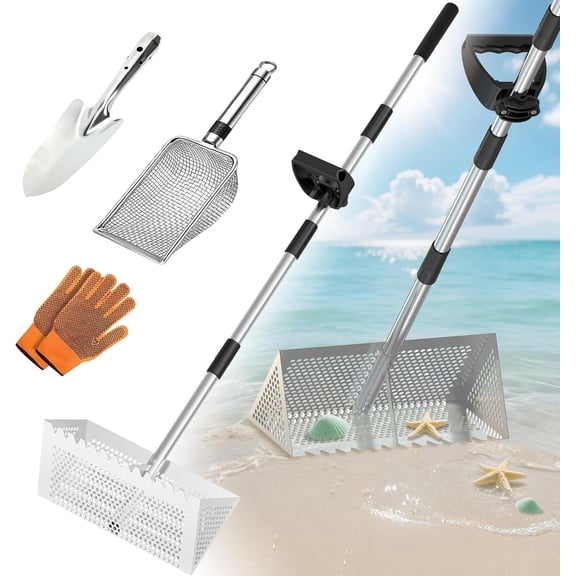 Sand Flea Rake, Sand Sifter for The Beach, Stainless Steel Shark Tooth Sifter with Detachable 16-Inch-Wide Drainage Mesh and Long Handle for Finding Fleas, Shells and Shark's Teeth, 55 Inches