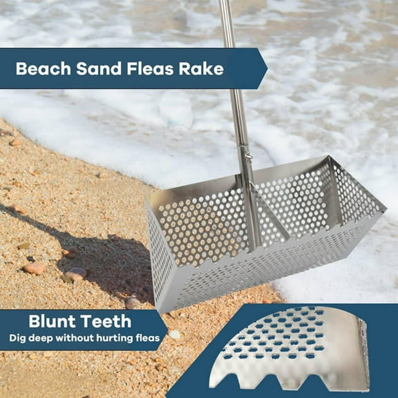 Sand Flea Rake Stainless Steel Beach Sand Tooth Wide Detachable Long Handle Rake Beach Disseminators Silver 40X20X141