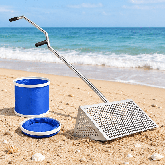 Sand Flea Rake for Beach, 304 Stainless Steel Sifter with Curved Handle and Portable Bucket