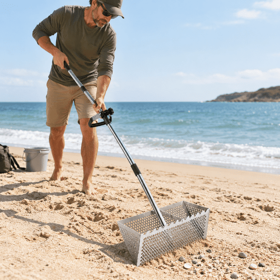 Sand Flea Rake with 16-inch Shark Tooth Screen, 51-inch Detachable Handle, Stainless Steel Beach Sifter