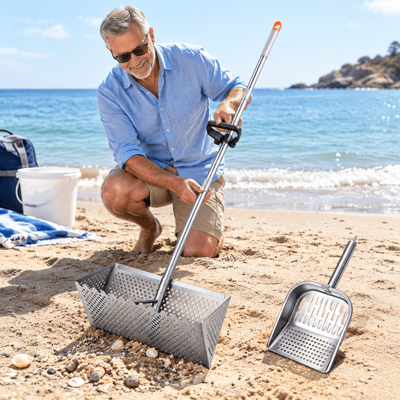 Sand Flea Rake with Beach Shovel, 16in Width Sifter, 52in Detachable Handle