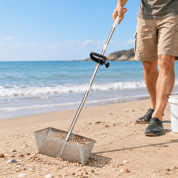 Sand Flea Rake with Detachable Long Handle, 16in Wide Drain Sifter for Beach Shark Tooth