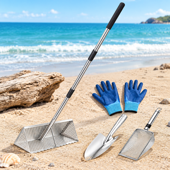 Sand Flea Rake with Long Handle, Stainless Steel Sifter Screen for Beach Collecting, Includes Pole Shovel