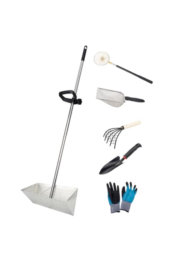 Sand Fleas Rake SetDetachable 52 Inches Long Handle Includes 1pc Sand Flea Rake 1pc Beach Mesh Shovel 1pc Sand Sifter 1pc Black Beach Shovel 1pc Claw Rake with Mesh Net One Pair of Gloves