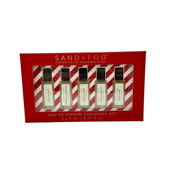 Sand + Fog Eau De Parfum Holiday Discovery Set 5 x 5ml Warm Cashmere, Jasmine Cedarwood, Pistachio Dream, Violet Sandalwood, White Vanilla