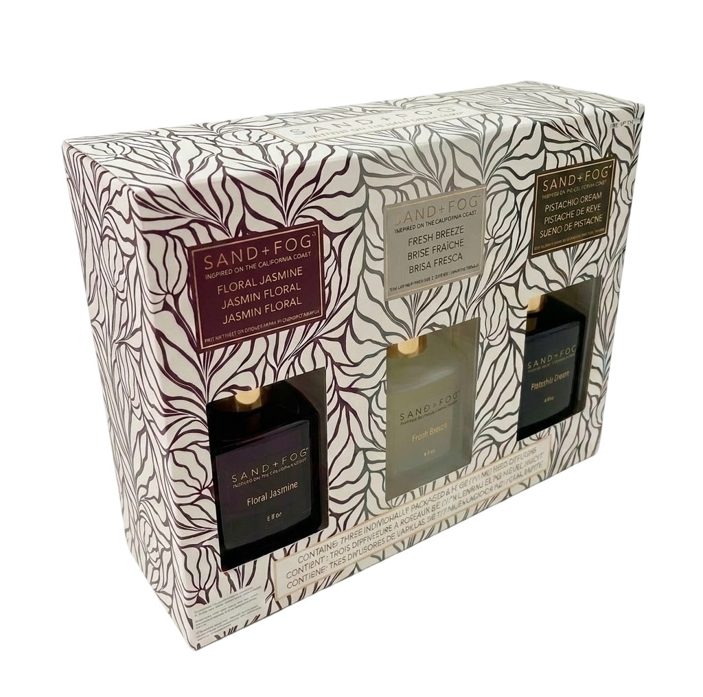 Sand + Fog Reed Diffuser Set Variety, 6 Fluid Ounce - Floral Jasmine, Fresh Breeze, Pistachio Dream (15 Reeds Included)