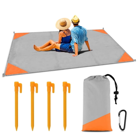 Amerteer Outdoor Picnic Blanket (79" x 55") -Compact, Lightweight, Sand Proof Pocket Blanket Best Mat for The Beach, Hiking, Travel, Camping, Festivals with 4 Stakes& 1 Carabiner