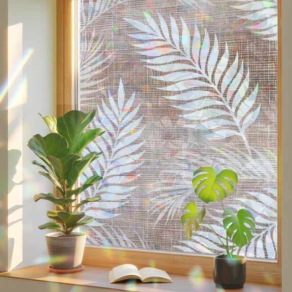Sand Fronds Window Privacy Film, Rustic Terracotta Leaf Plant Linen Texture Farmhouse Stained Glass Rainbow Film Decorative Window Clings, Static Cling Sun Blocking Stickers 23.6" x 59"