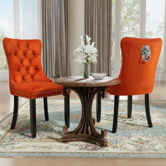 DONICK Velvet Upholstered Dining Chairs , Kitchen & Dining Room Chairs, Nailheads Tufted, Soft, Solid Wood Frame (Orange, Set of 2)