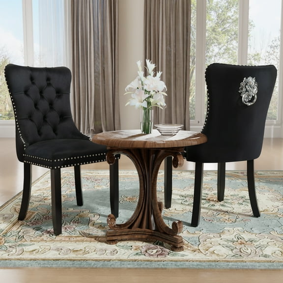 DONICK Velvet Upholstered Dining Chairs , Kitchen & Dining Room Chairs, Nailheads Tufted, Soft, Solid Wood Frame (Black, Set of 2)