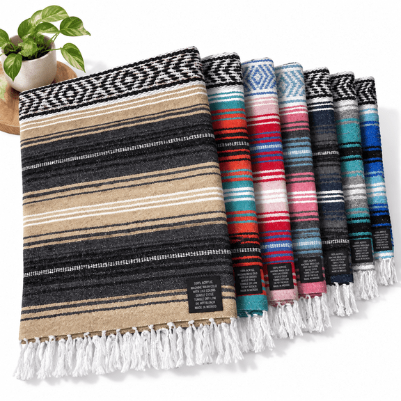 Sand Handwoven Recycled Cotton Polyester Mexican Serape Throw Blanket 70"x50"