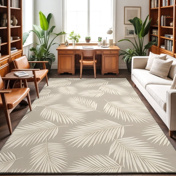 Sand Leaf 5'x7' Rug for Living Room Sofa and Coffee Table Layout, Summer Modern Beige Palm Silhouettes Khaki Background Washable Non Slip Rectangle Area Rug