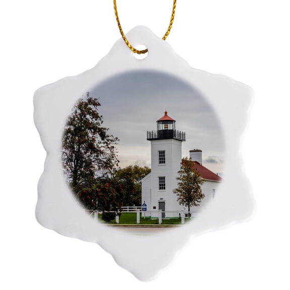 3drose, Sand Point Lighthouse in Escanaba, Michigan Usa, 3 inch Snowflake Porcelain Ornament