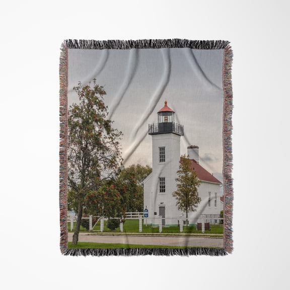 Sand Point Lighthouse In Escanaba, Michigan Usa, Woven Blanket