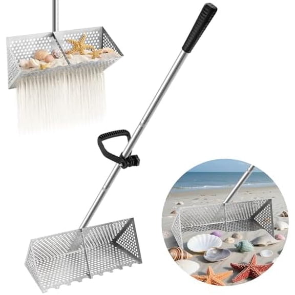 Sand Scoop for Metal Detecting Stainless Steel Sand Sifter Shovel 52.4in Long Handle Sand Scoop with Shovel for Metal Detecting Sand Sifter for The Beach Sand Flea Rake for Beach$$Tools