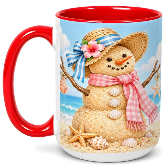 Sand Snowman Coffee Mug, Beach Christmas Mug, Ceramic Cup