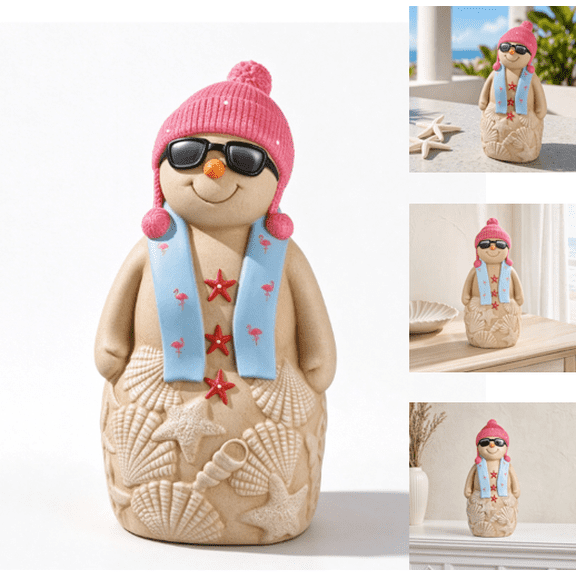 Sand Snowman Resin Christmas Figurine, Beach Style Snowman Statue with Seashell Detail Indoor Tabletop Holiday Decor