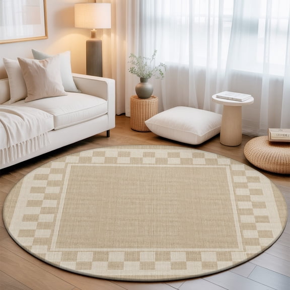 Sand Square 7' Round Rug for Living Room Conversation Area, Graphic Brown White Checkered Border Linen Texture Washable Non Slip Large Circle Area Rug