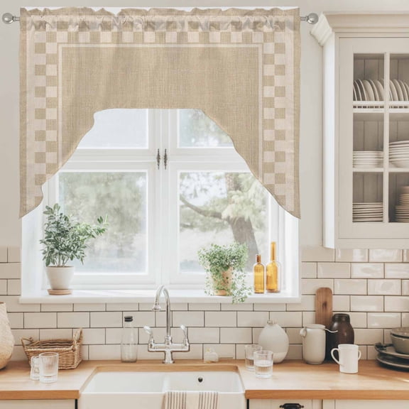 Sand Square Swag Valance for Windows, Graphic Brown White Checkered Border Linen Texture Swag Curtains Valances for Small Window Treatment Rod Pocket for Kitchen Bathroom 1 Panel 56x36in