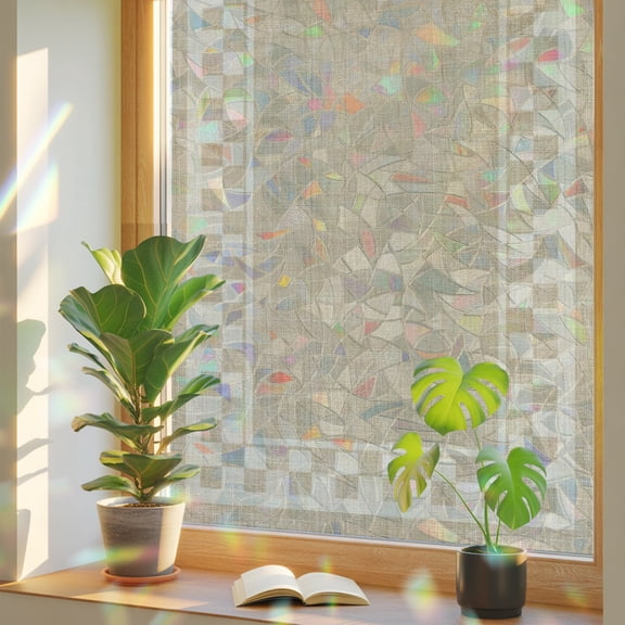 Sand Square Window Privacy Film, Graphic Brown White Checkered Border Linen Texture Stained Glass Rainbow Film Decorative Window Clings, Static Cling Sun Blocking Stickers 17.7" x 39.3"